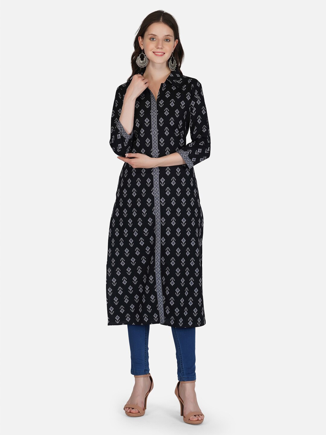 

METRO-FASHION Women Black & Grey Ethnic Motifs Printed Cotton Pathani Kurta