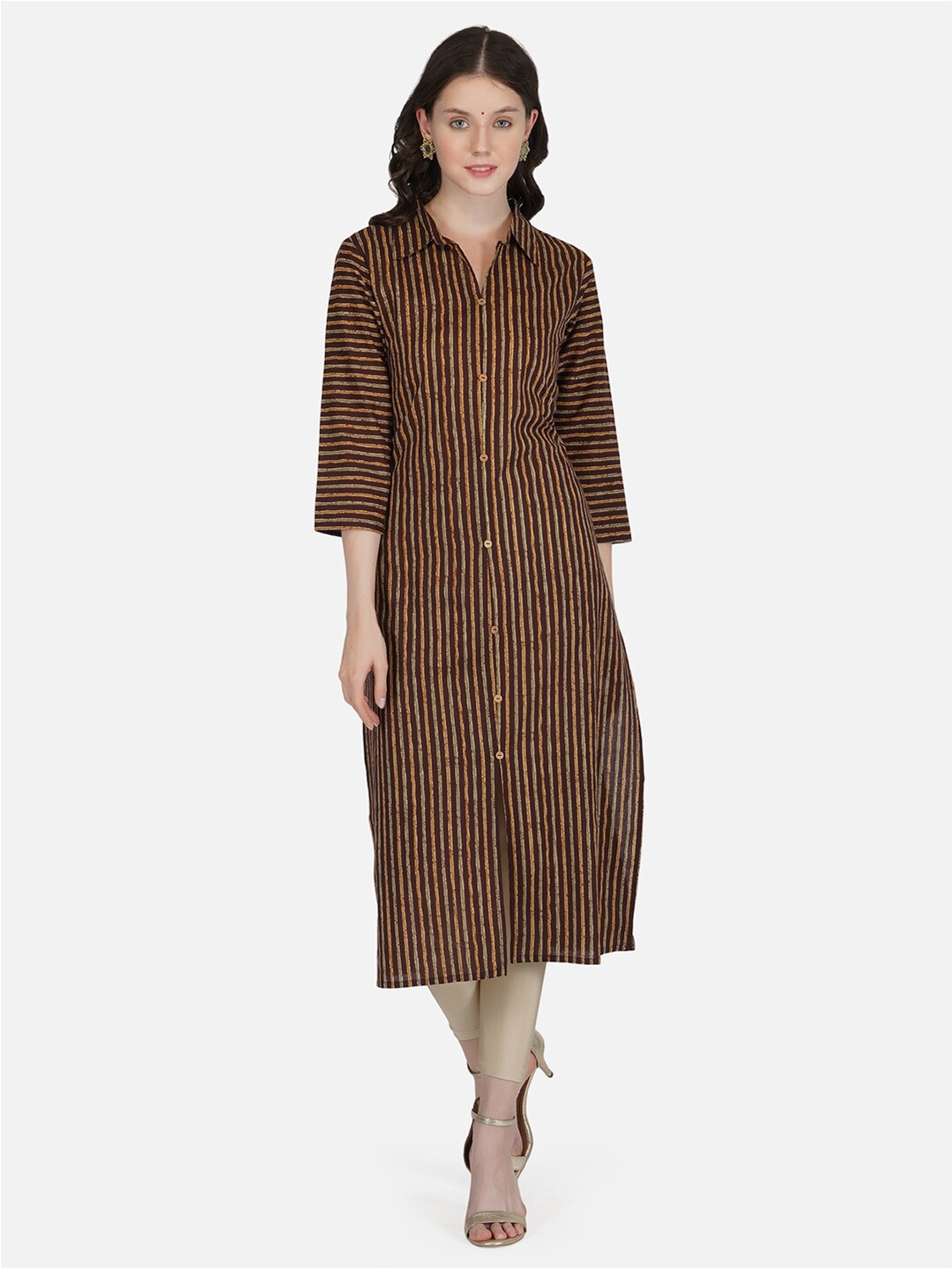 

METRO-FASHION Women Striped Pure Cotton Kurta, Brown