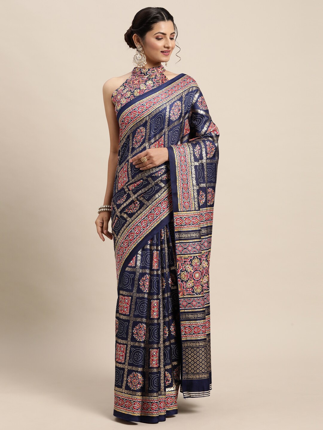 

Saree mall Navy Blue & Maroon Ethnic Motifs Bandhani Saree