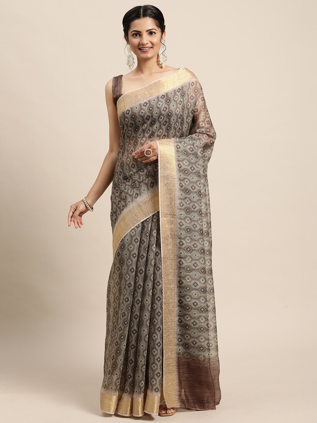 

Saree mall Olive Green & Gold-Toned Floral Zari Banarasi Saree