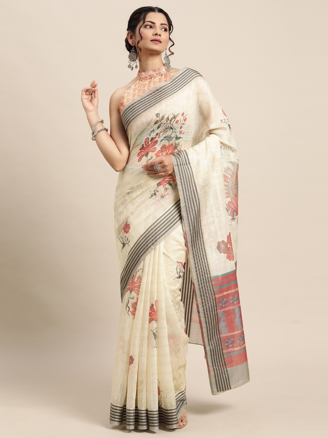 

Saree mall Yellow & Pink Floral Banarasi Saree