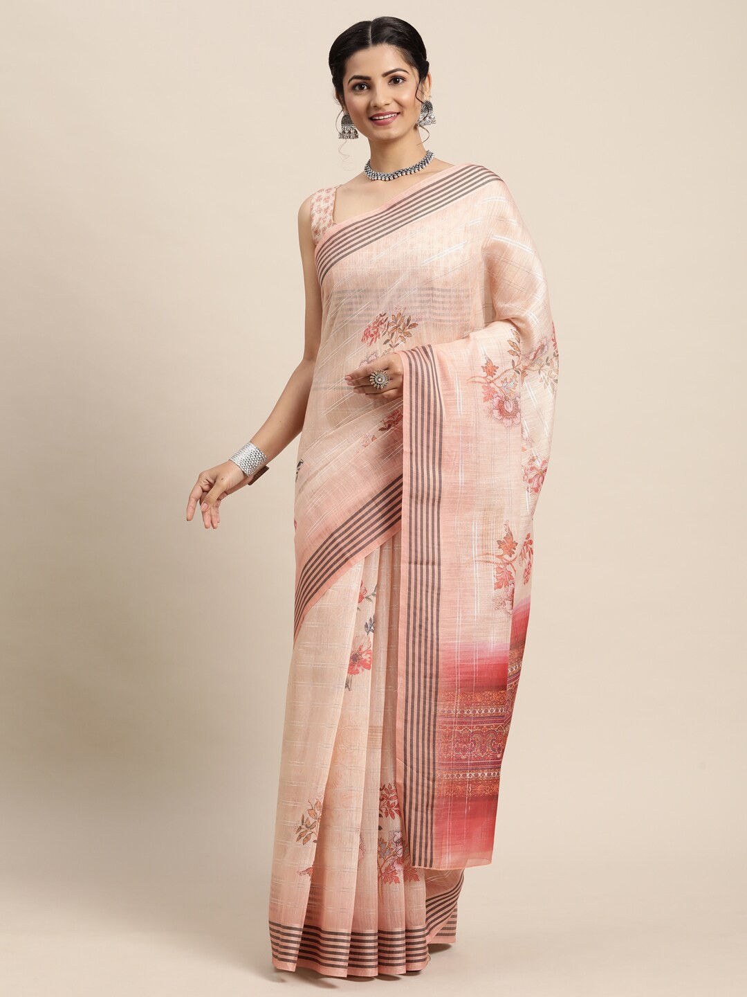 

Saree mall Cream-Coloured & Orange Floral Banarasi Saree