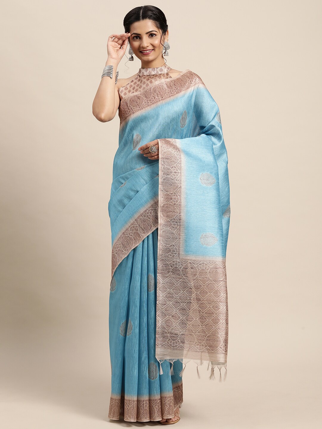

Saree mall Blue & Gold-Toned Bagh Saree