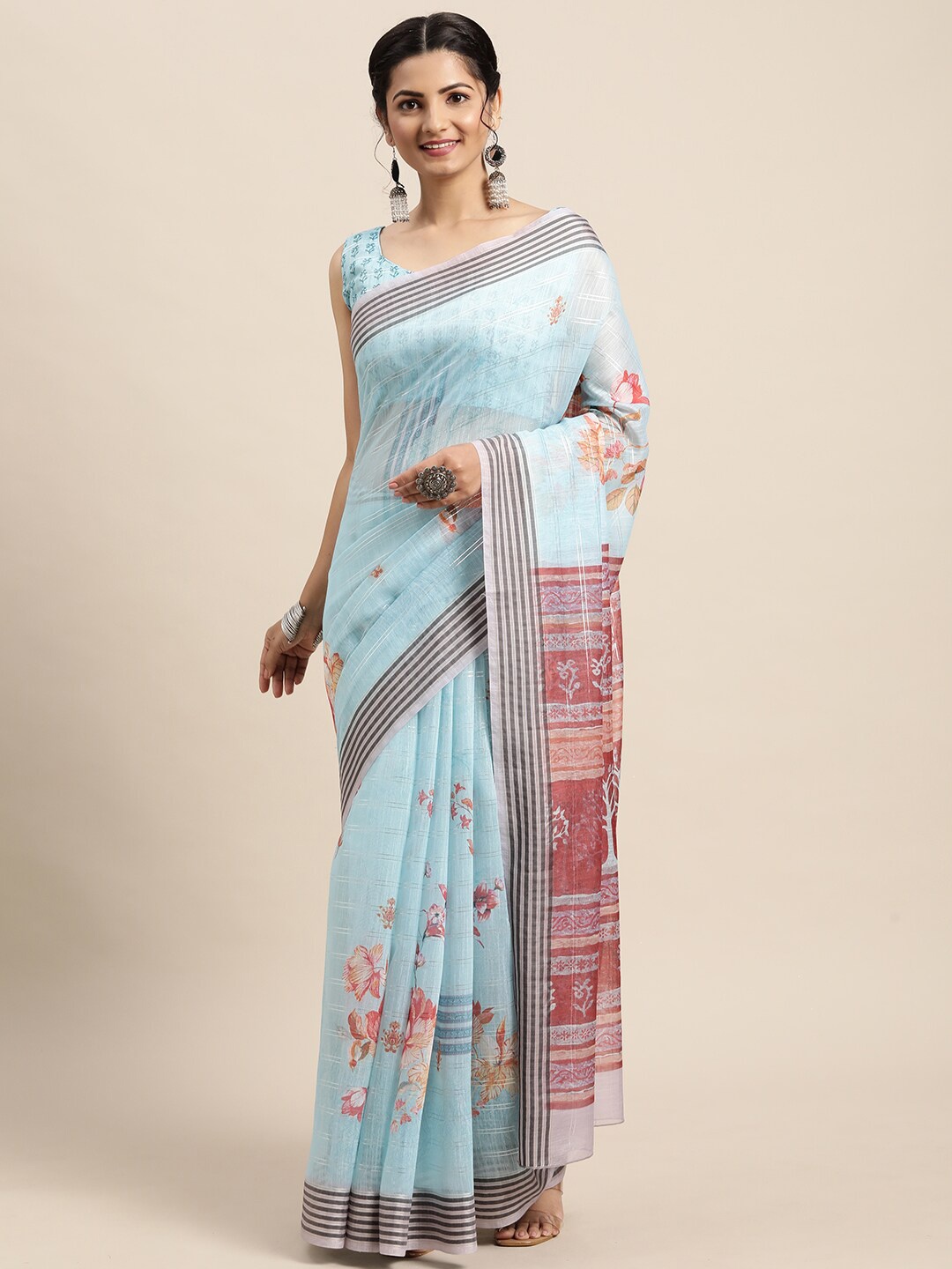 

Saree mall Blue & Pink Floral Silk Blend Banarasi Saree