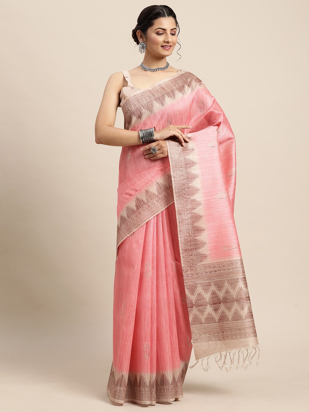 

Saree mall Pink & Brown Bagh Silk Blend Bagh Sarees