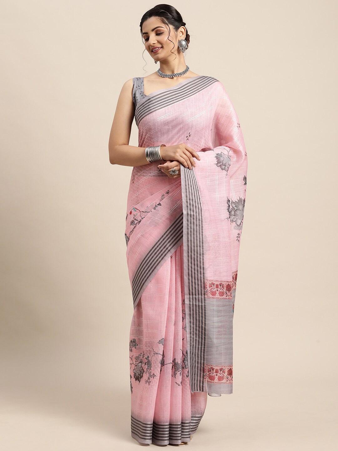 

Saree mall Pink & Grey Floral Silk Blend Banarasi Sarees