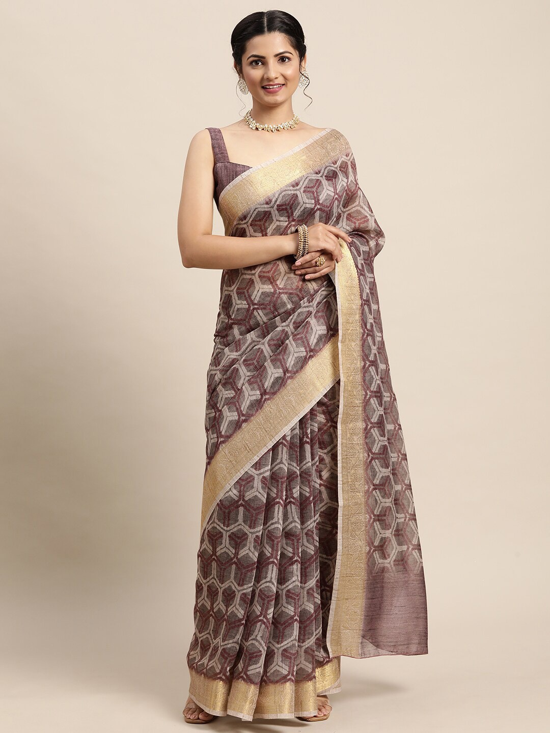 

Saree mall Grey & Burgundy Zari Banarasi Sarees