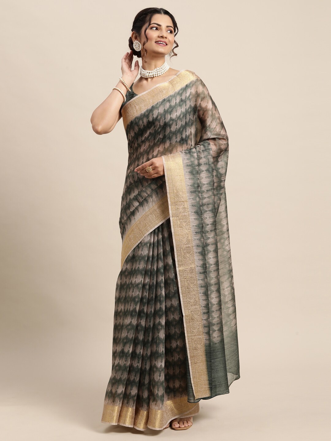 

Saree mall Green & Gold-Toned Zari Banarasi Sarees