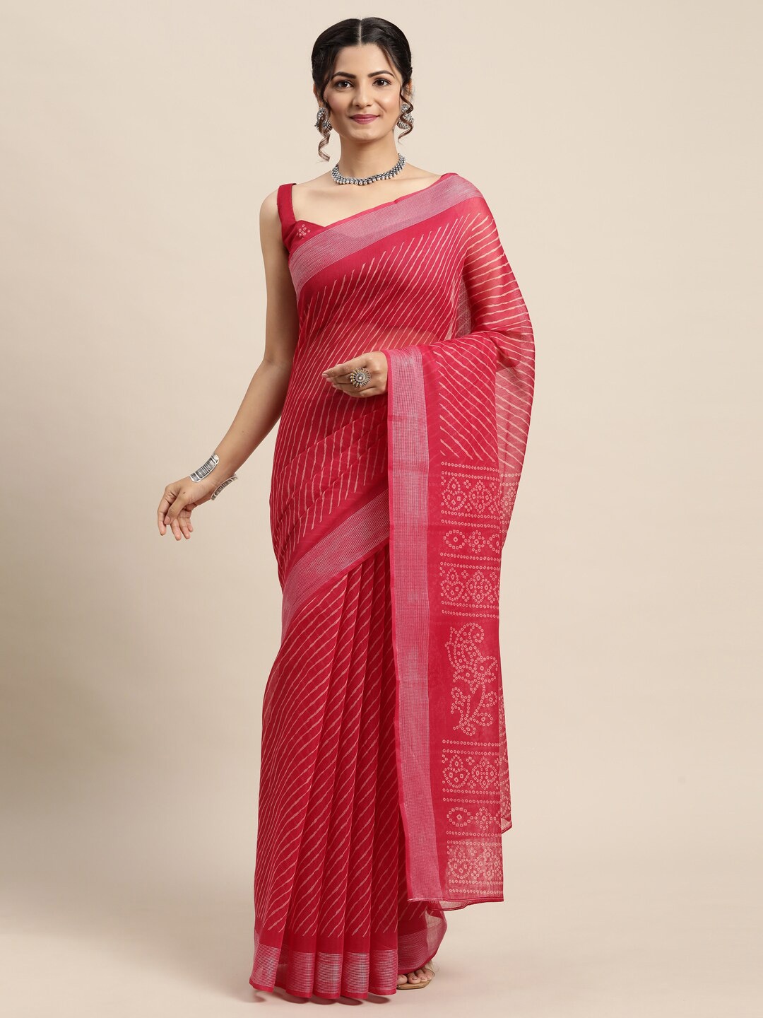 

Saree mall Pink & White Leheriya Sarees