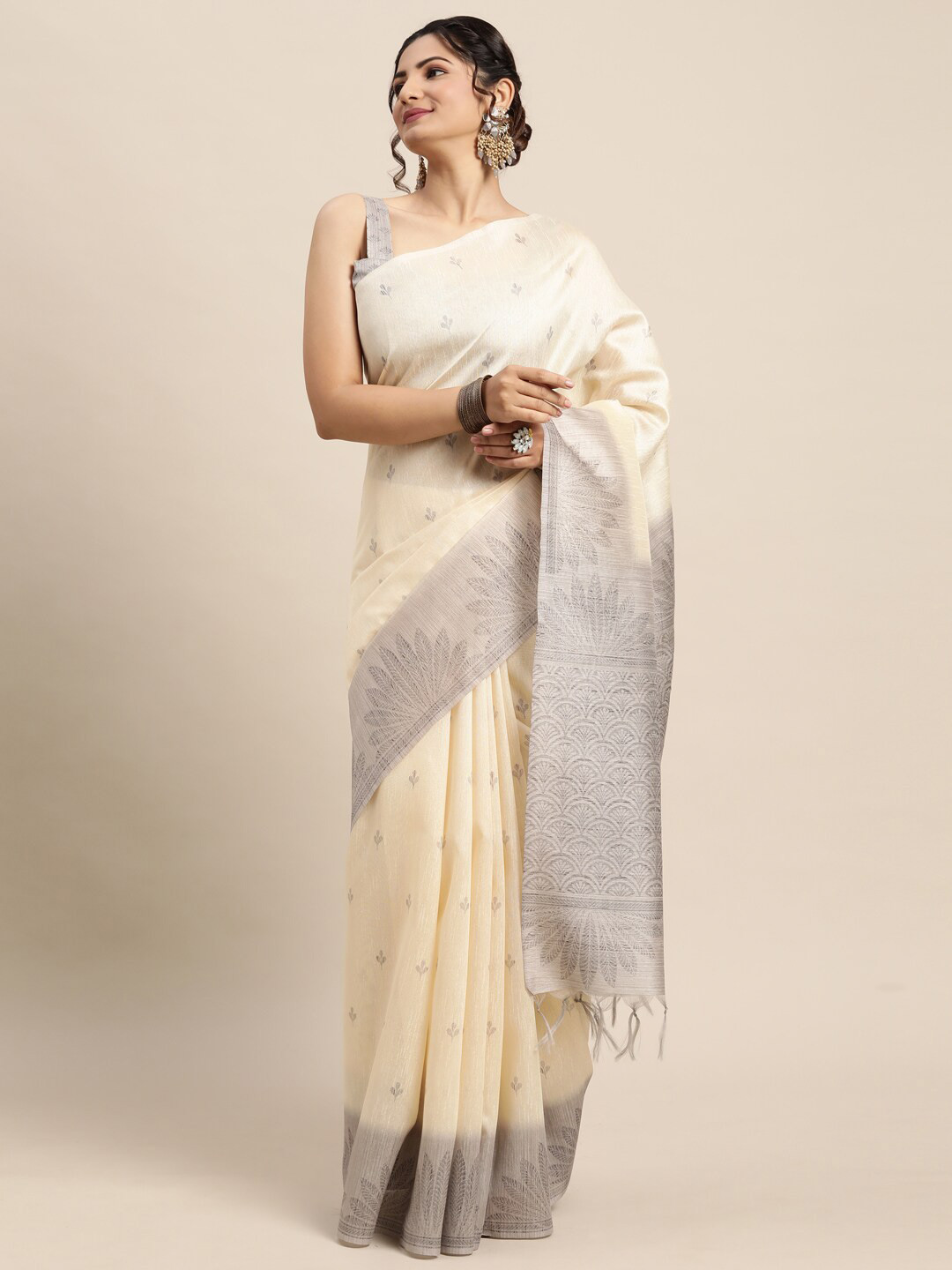 

Saree mall Off White & Grey Bagh Silk Blend Bagh Sarees
