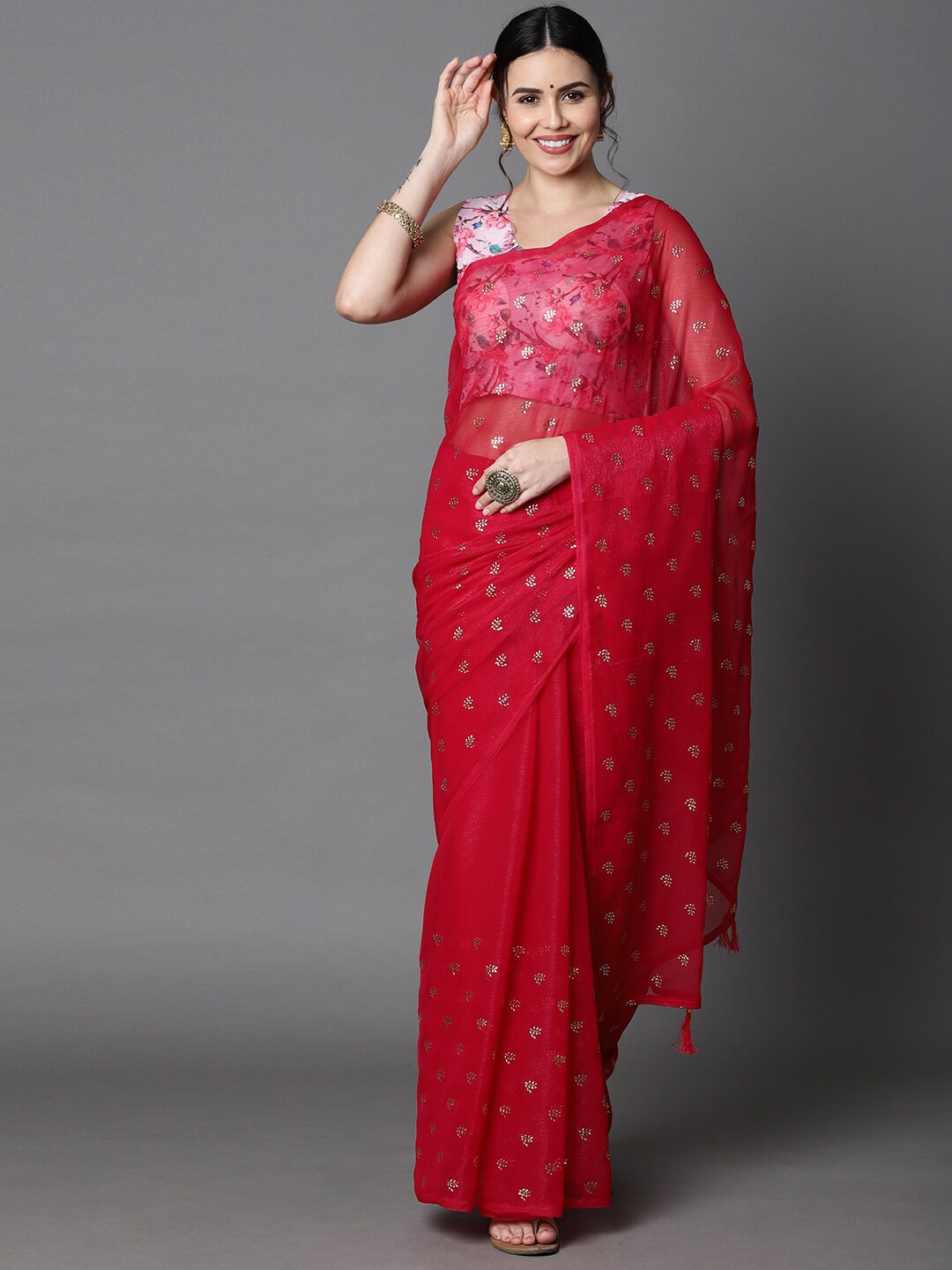 

Rajesh Silk Mills Pink Embellished Pure Chiffon Fusion Saree