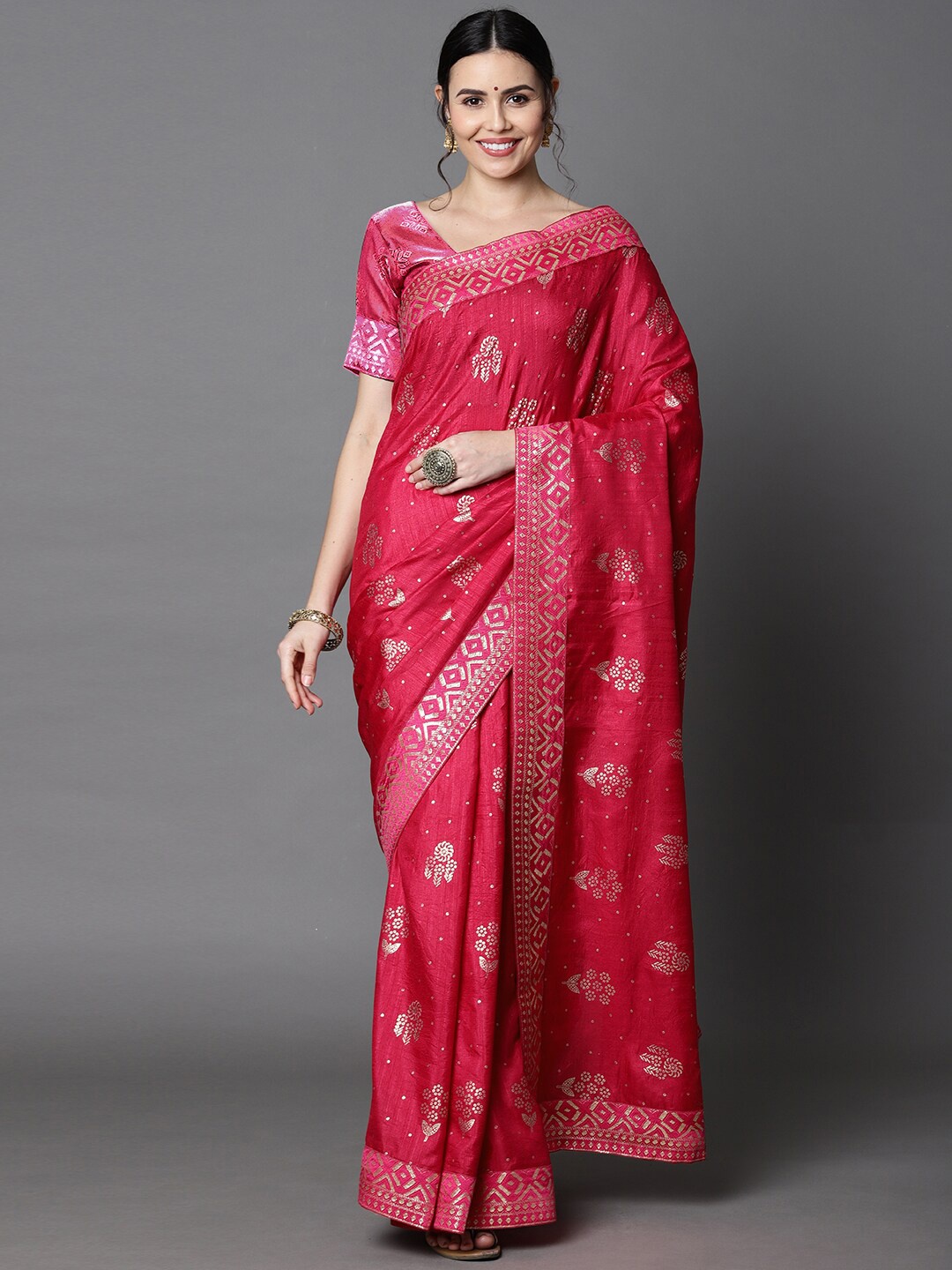

Rajesh Silk Mills Pink & Gold-Toned Floral Silk Cotton Saree
