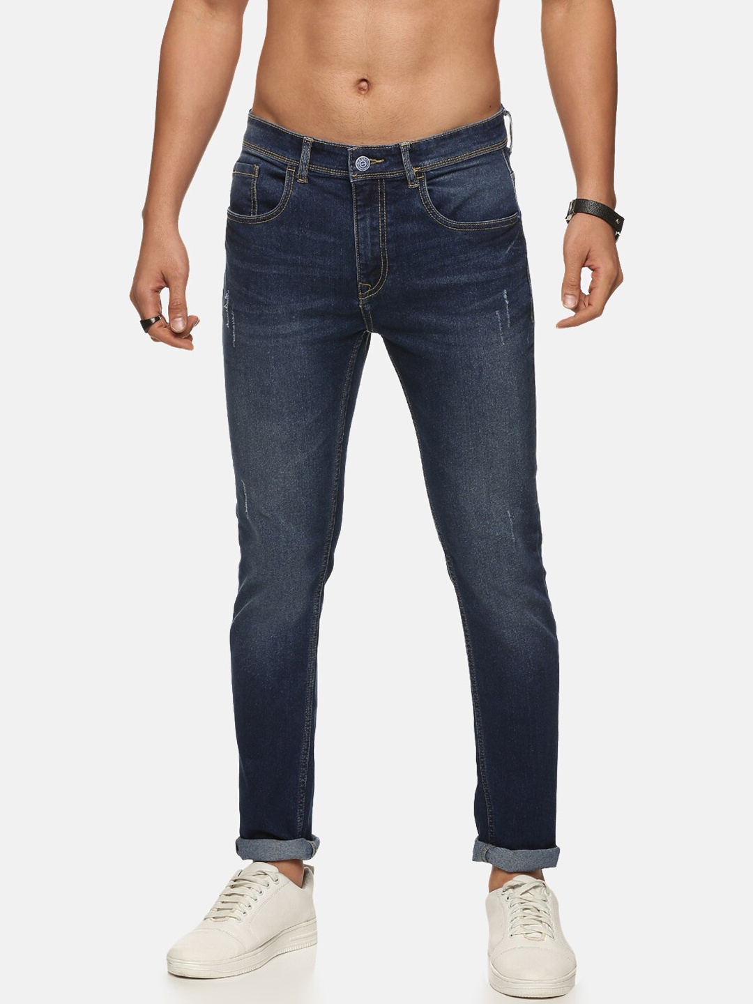

Old Grey Men Slim Fit Low Distress Light Fade Stretchable Denim Jeans, Blue