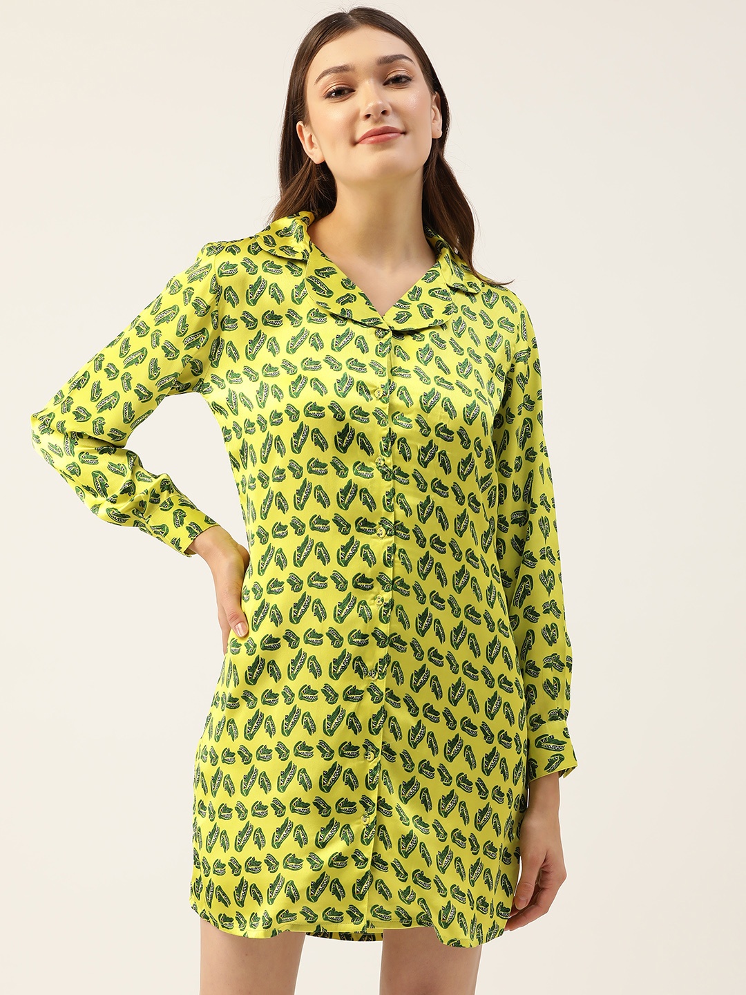 

Clovia Crocodile Printed Button Down Mini Night Dress, Yellow