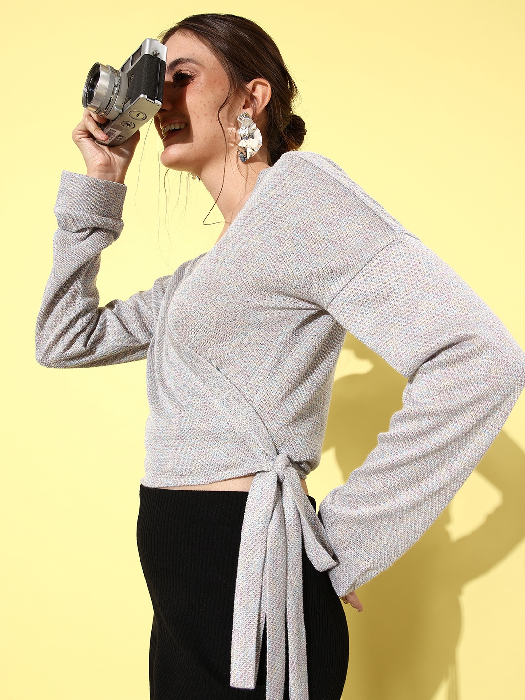 

Athena Women Grey Woollen Sweater with Fuzzy Detail