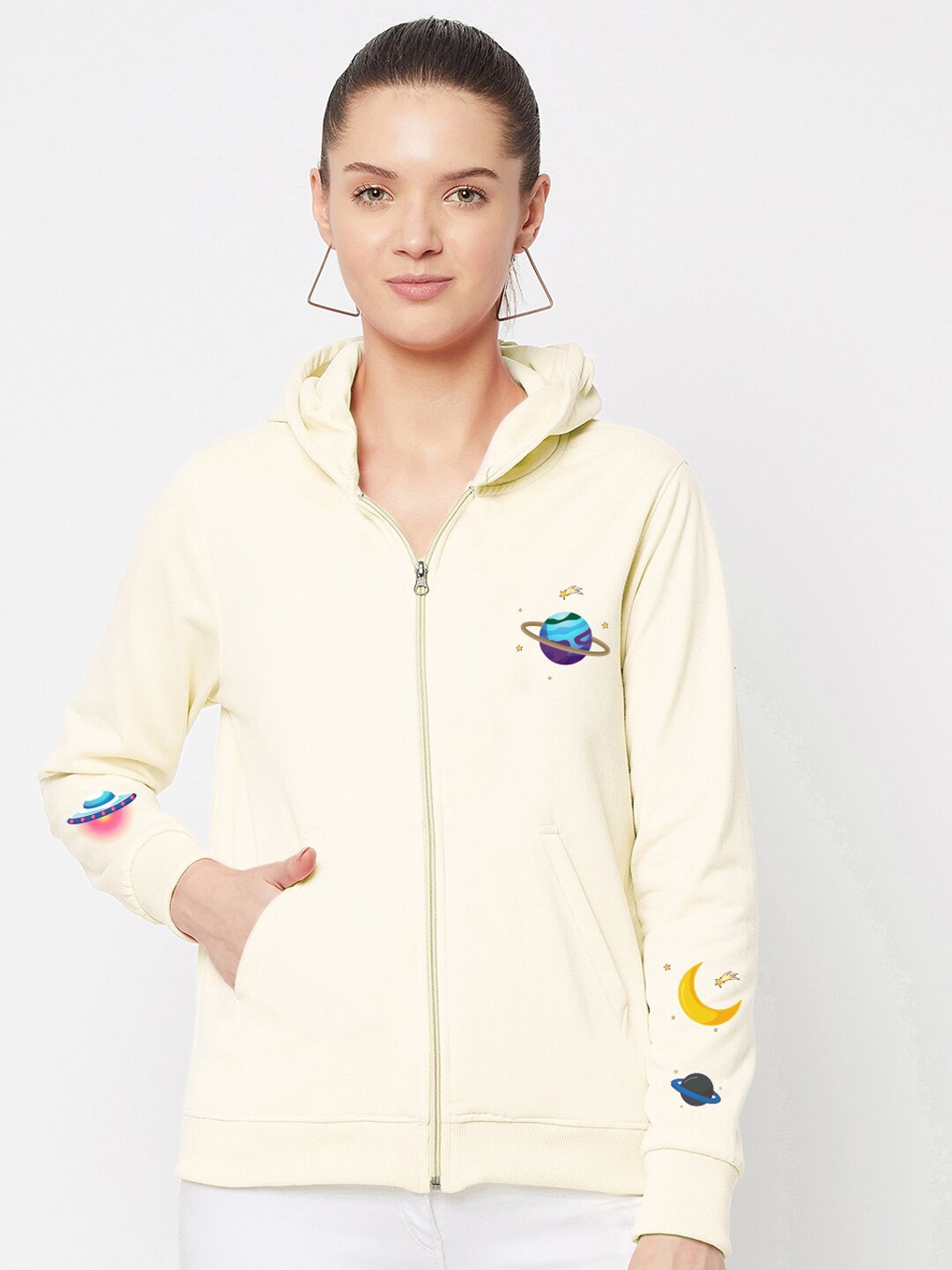 

FRENCH FLEXIOUS Women White Printed Hooded Sweatshirt