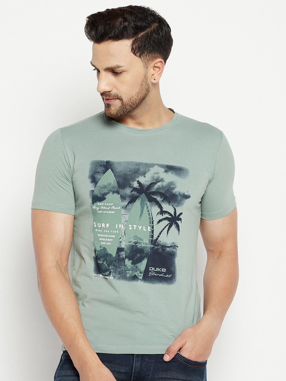 

Duke Men Sage Green Printed Slim Fit T-shirt