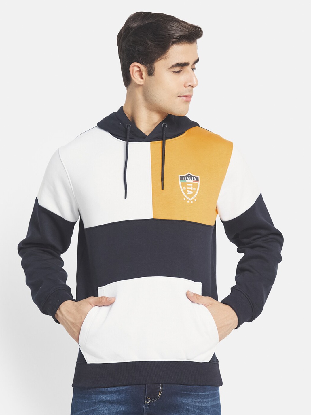 

Octave Men Navy Blue & White Colourblocked Fleece Hooded Sweatshirt