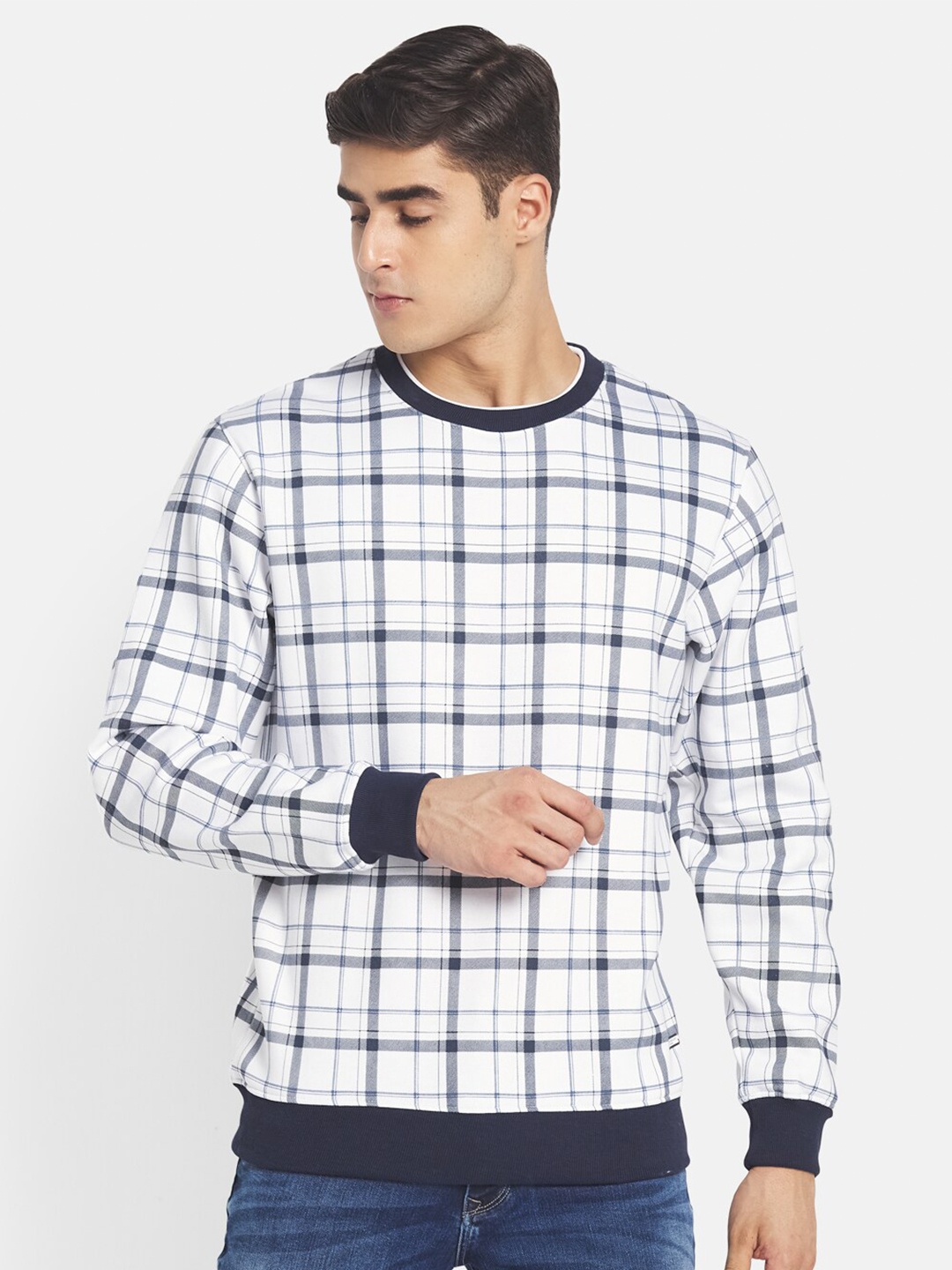 

Octave Men White Checked Fleece Sweatshirt
