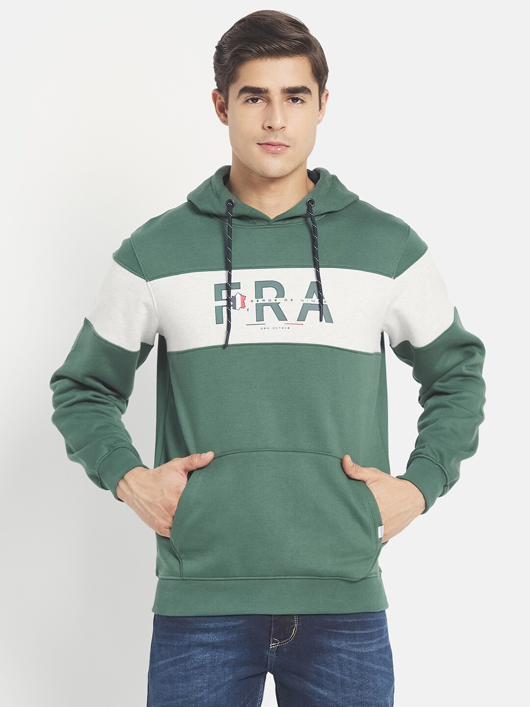 

Octave Men Olive Green Colourblocked Fleece Hooded Sweatshirt