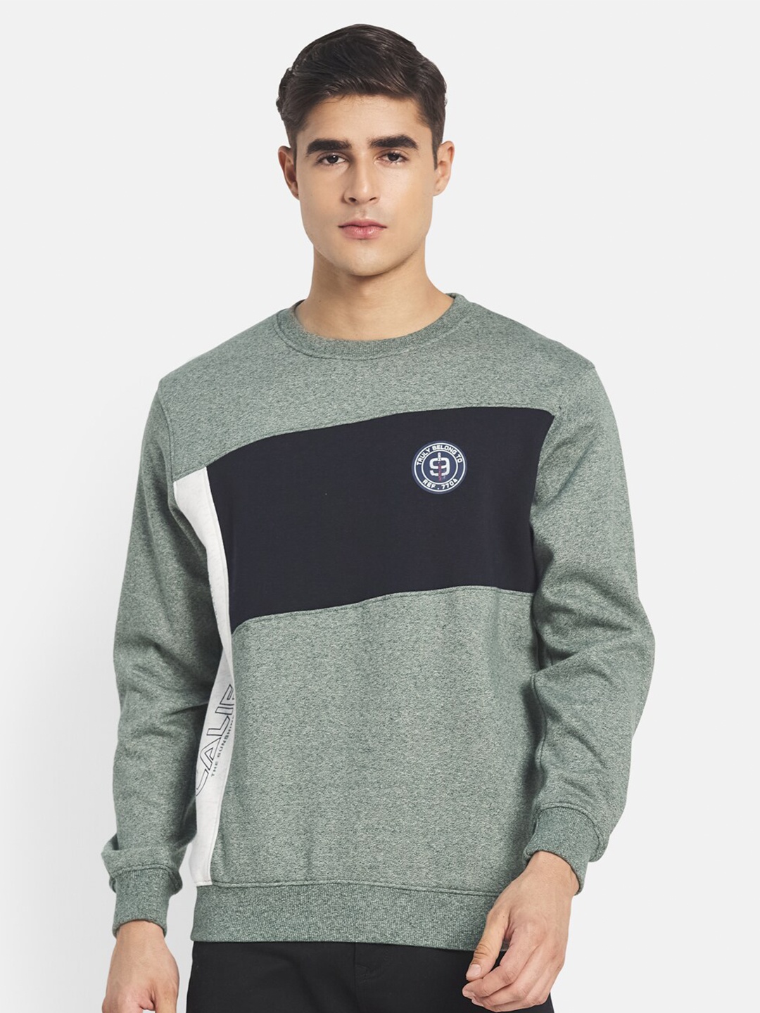 

Octave Men Olive Green Colourblocked Fleece Sweatshirt