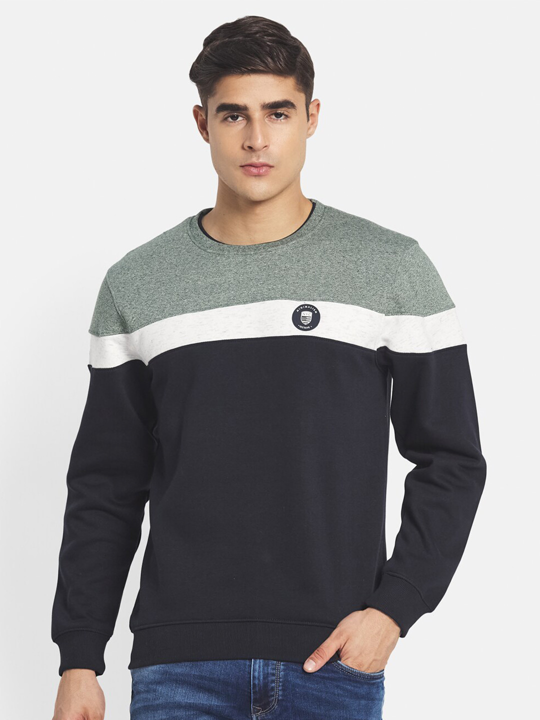 

Octave Men Navy Blue Colourblocked Fleece Sweatshirt