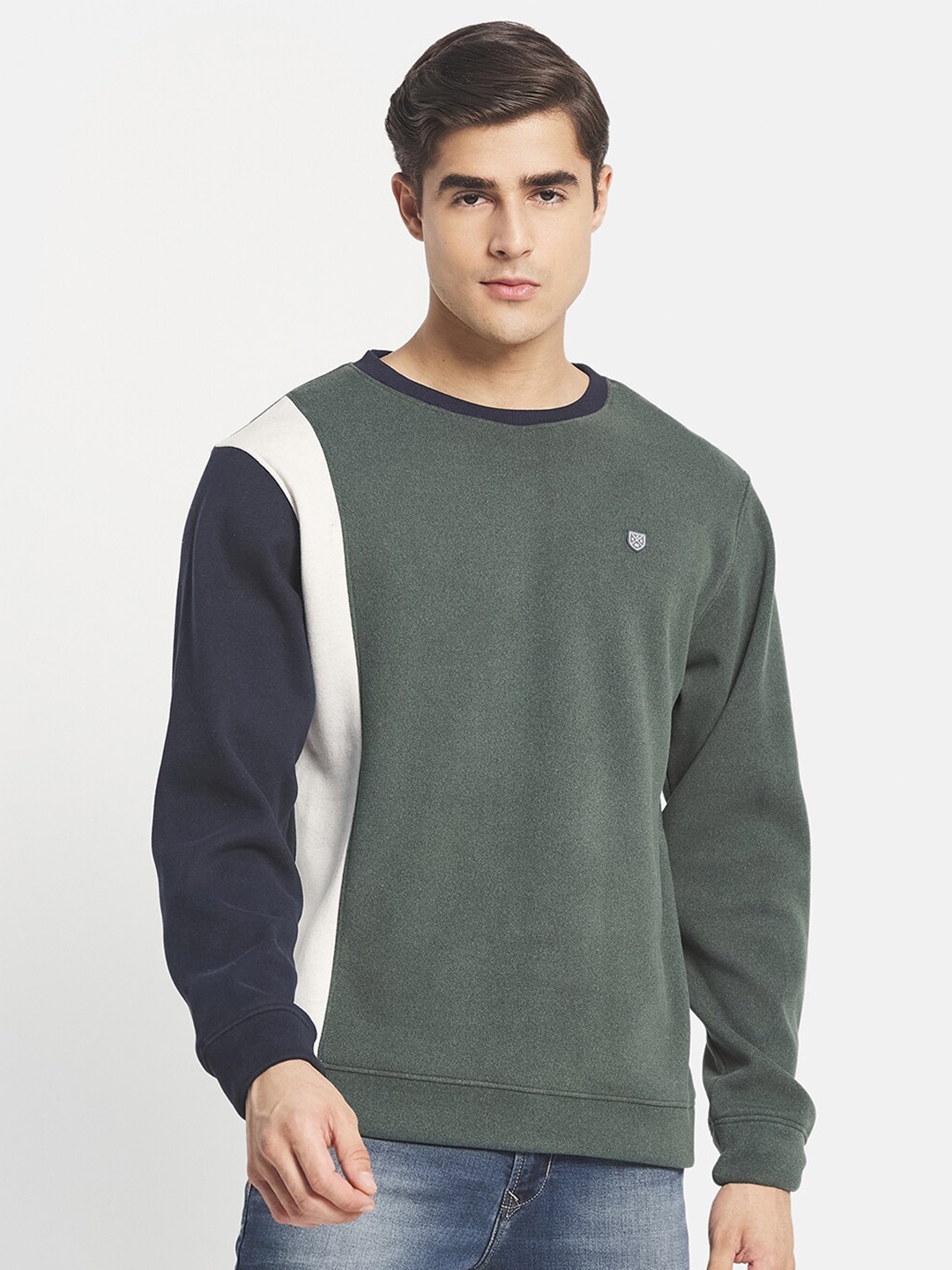 

Octave Men Olive Green Colourblocked Fleece Sweatshirt