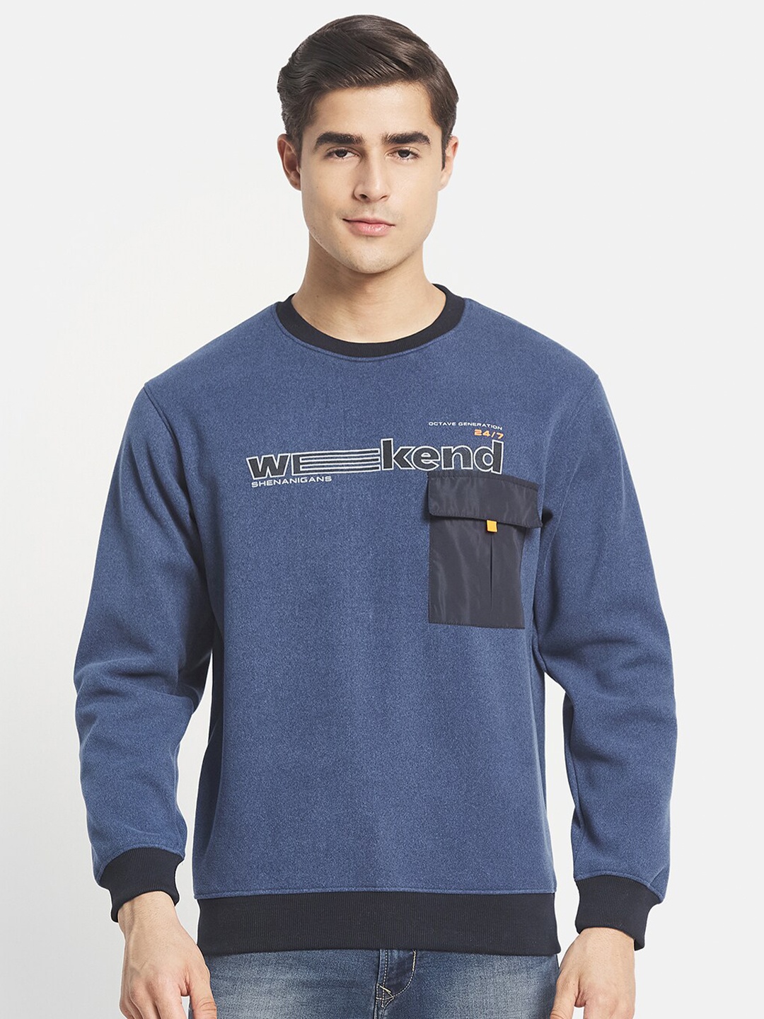 

Octave Men Blue Fleece Printed Sweatshirt