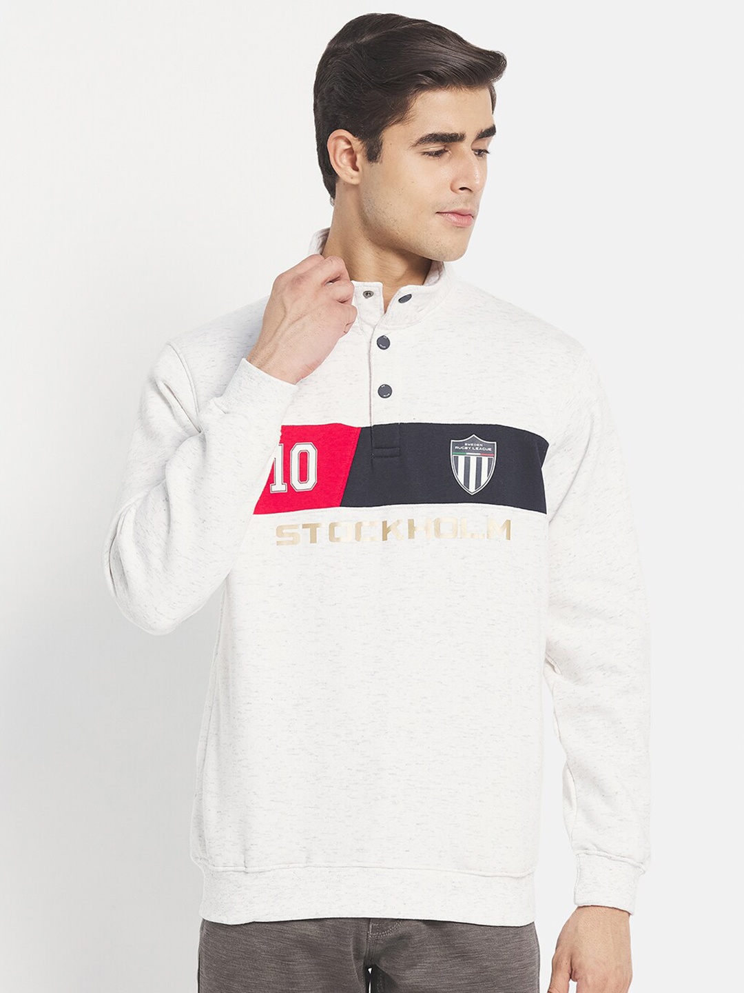 

Octave Men White Printed Fleece Sweatshirt