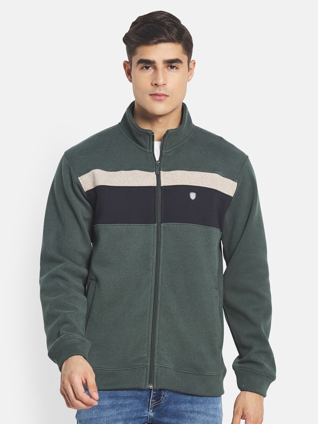 

Octave Men Olive Green Colourblocked Fleece Sweatshirt