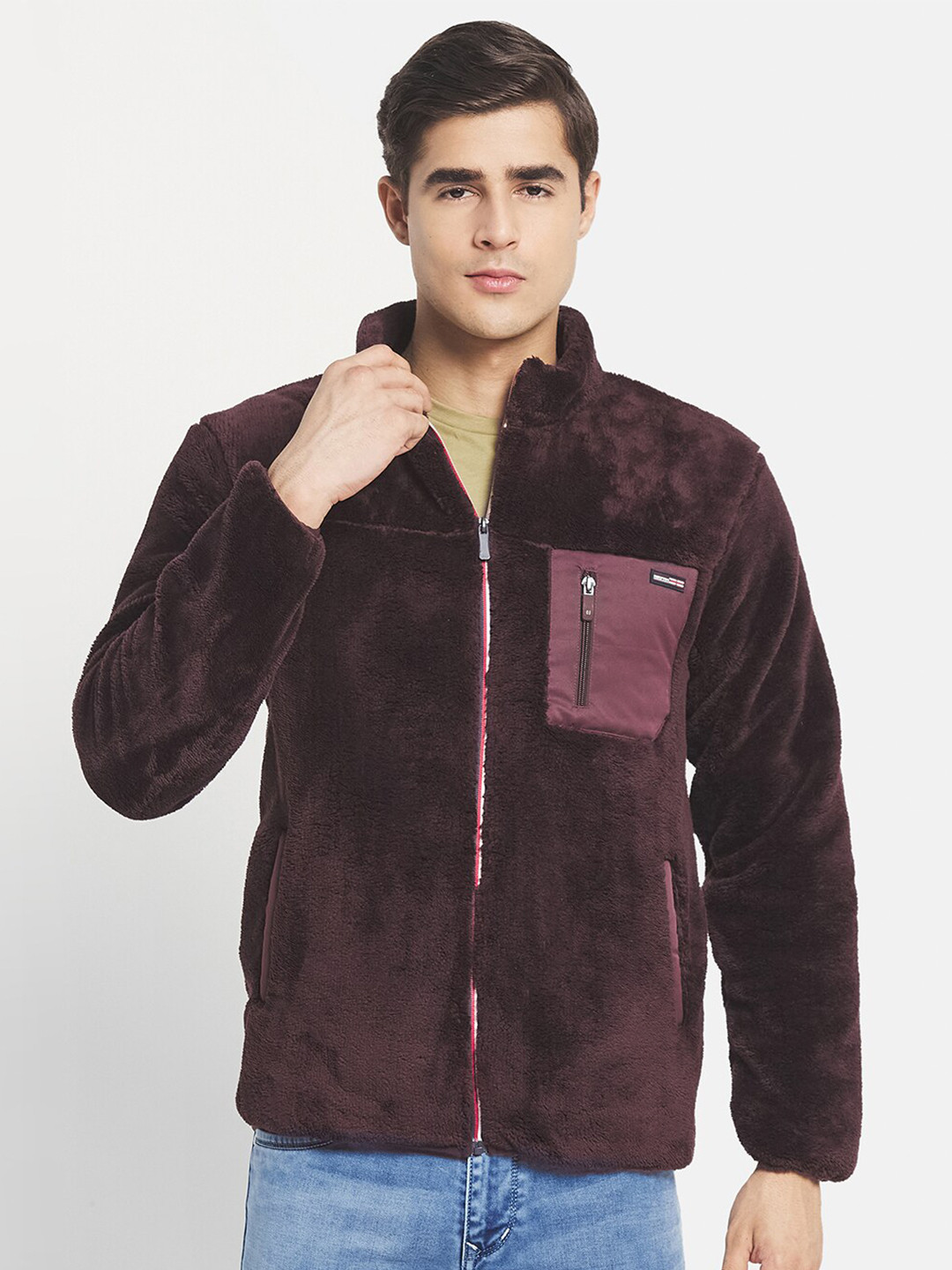

Octave Men Burgundy Solid Fleece Front-Open Sweater