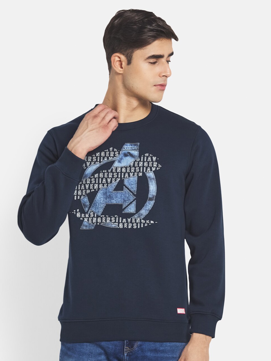 

Octave Men Navy Blue Printed Fleece Round Neck Sweatshirt