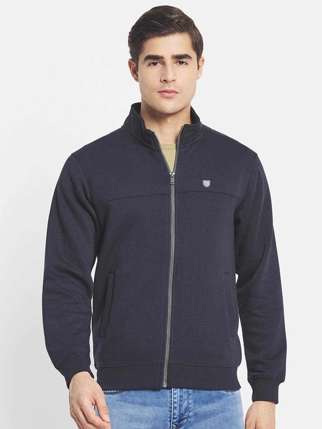 

Octave Men Navy Blue Solid Fleece Front-Open Sweatshirt