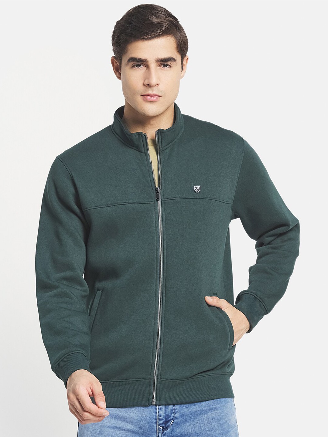 

Octave Men Green Solid Fleece Front-Open Sweatshirt