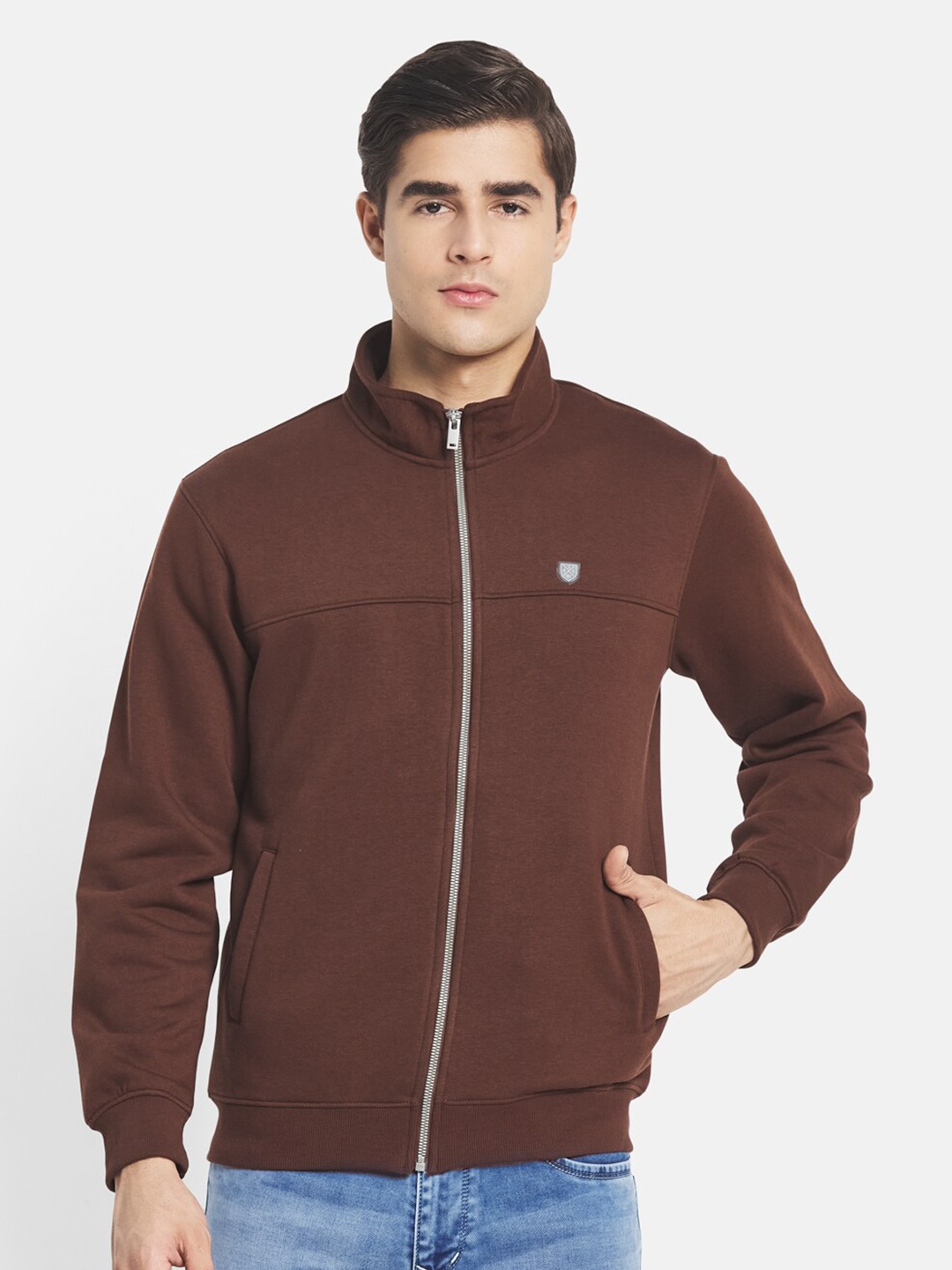 

Octave Men Brown Solid Fleece Front-Open Sweatshirt