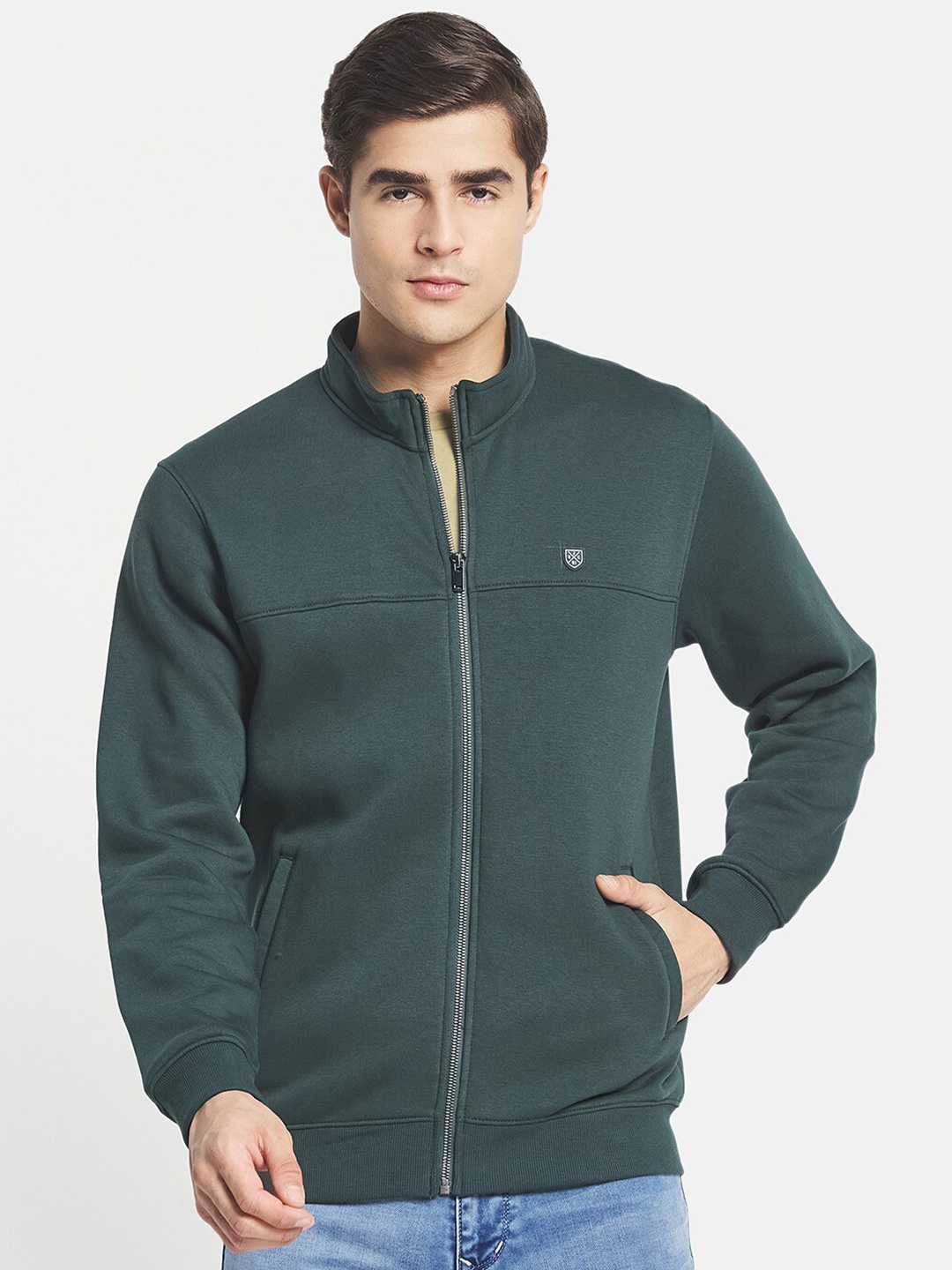 

Octave Men Green Solid Fleece Front-Open Sweatshirt