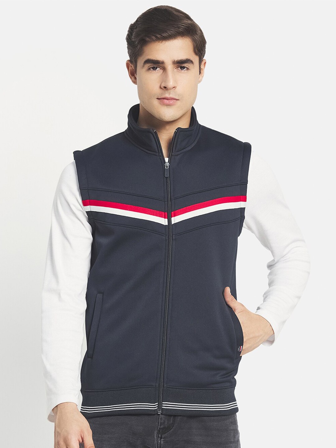 

Octave Men Navy Blue Solid Sleeveless Front-Open Sweatshirt