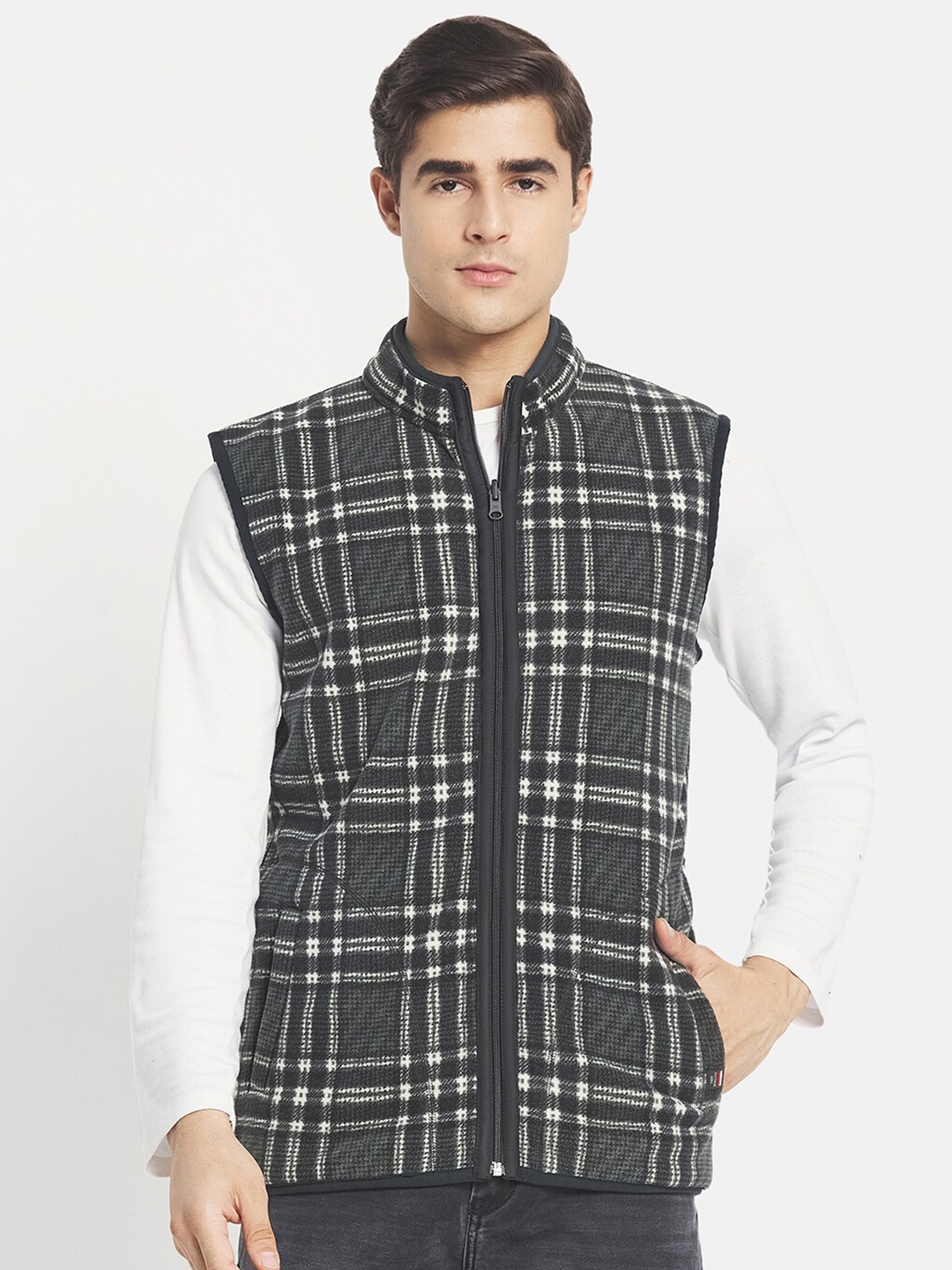 

Octave Men Olive Green & White Checked Fleece Sleeveless Bomber Jacket