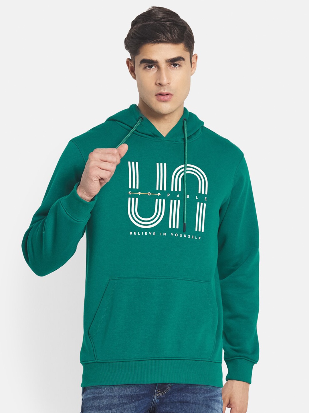 

Octave Men Green Printed Fleece Hooded Sweatshirt