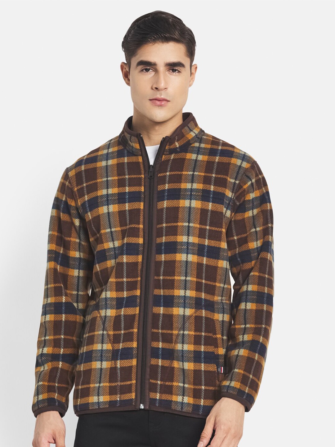 

Octave Men Brown & Blue Checked Fleece Bomber Jacket