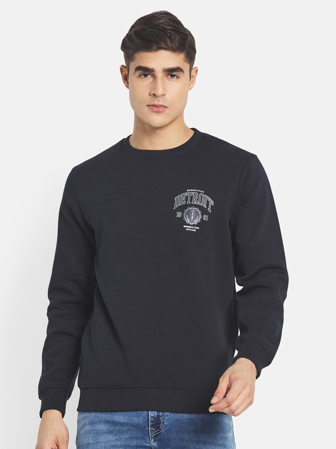 

Octave Men Navy Blue Solid Fleece Round Neck Sweatshirt