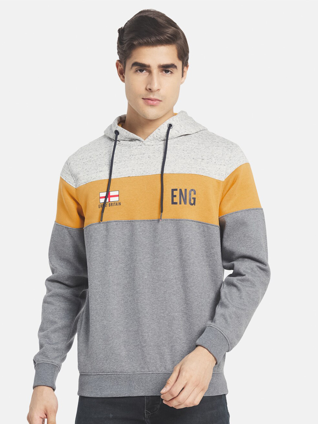 

Octave Men Grey & Yellow Colourblocked Fleece Hooded Sweatshirt