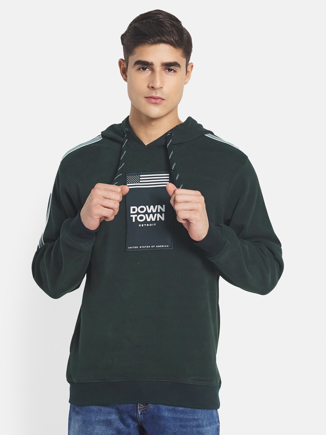 

Octave Men Green Printed Fleece Hooded Sweatshirt