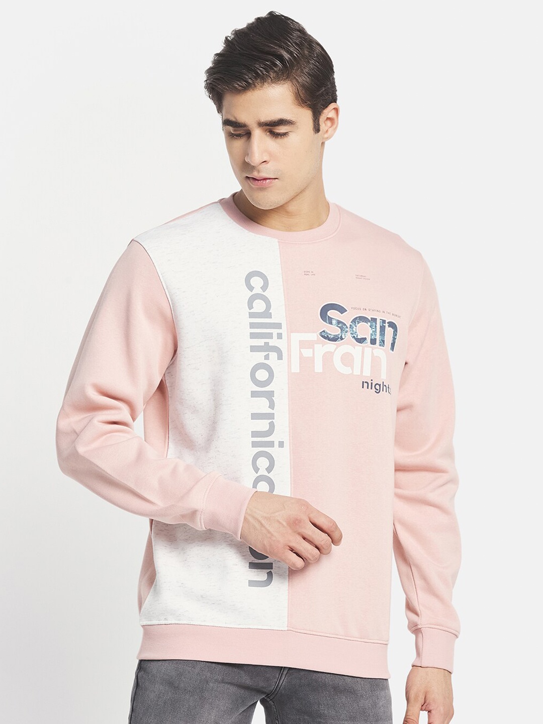 

Octave Men Pink & White Printed Fleece Round Neck Sweatshirt