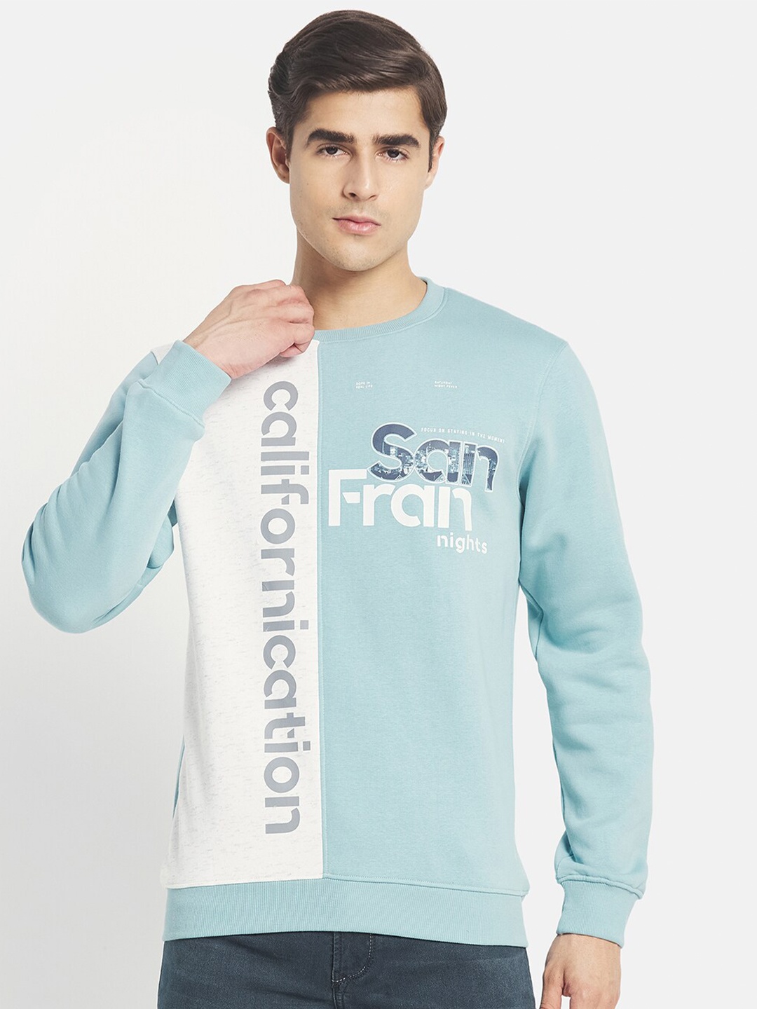 

Octave Men Blue & White Printed Fleece Round Neck Sweatshirt