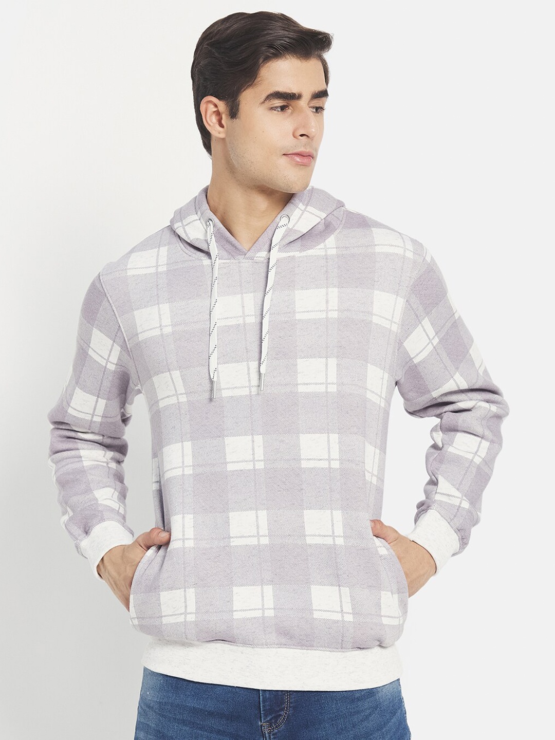 

Octave Men Lavender & white Checked Hooded Sweatshirt