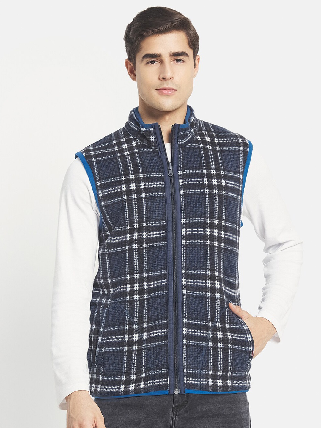 

Octave Men Navy Blue & White Checked Fleece Tailored Jacket