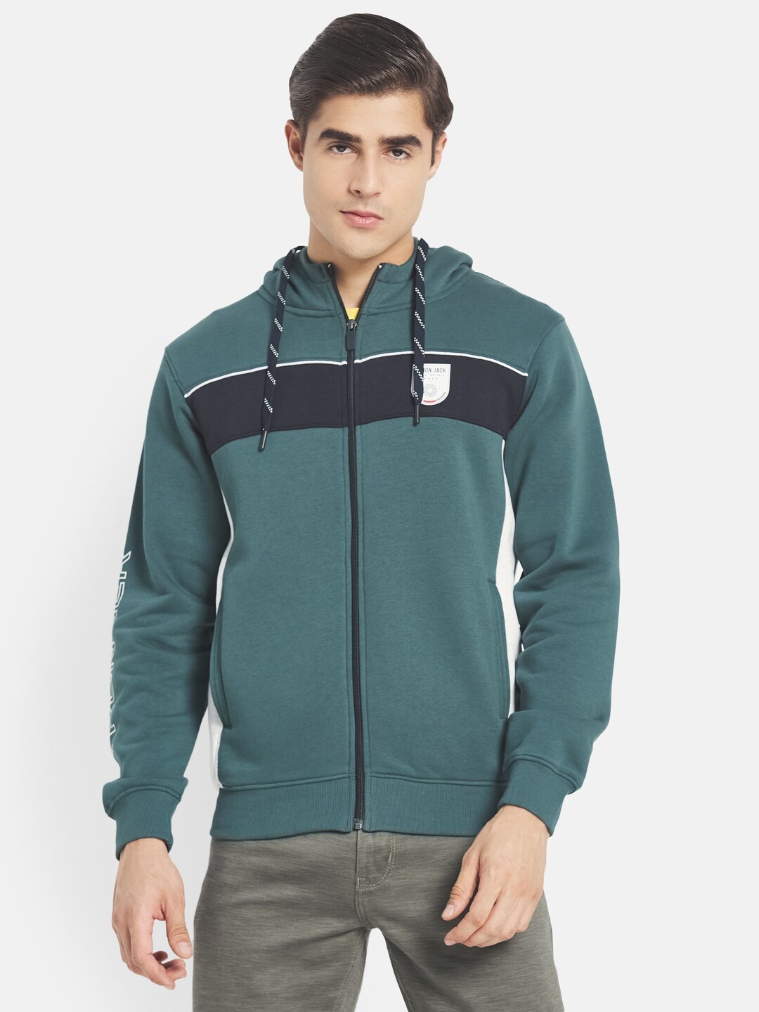 

Octave Men Plus Size Green Colourblocked Hooded Sweatshirt