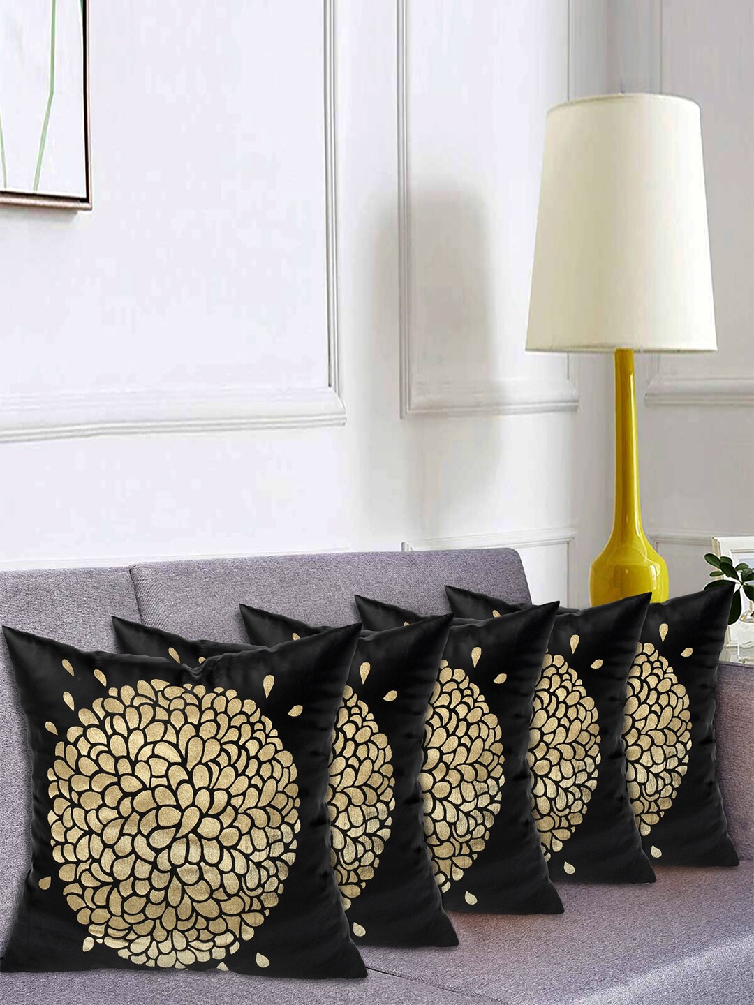 

Kuber Industries Black & Gold-Toned Set of 5 Floral Velvet Square Cushion Covers
