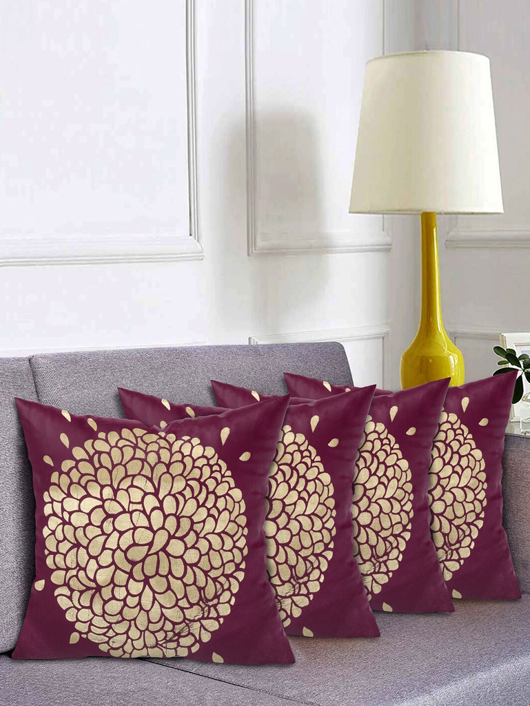 

Kuber Industries Purple & Gold-Toned Set of 4 Floral Velvet Square Cushion Covers